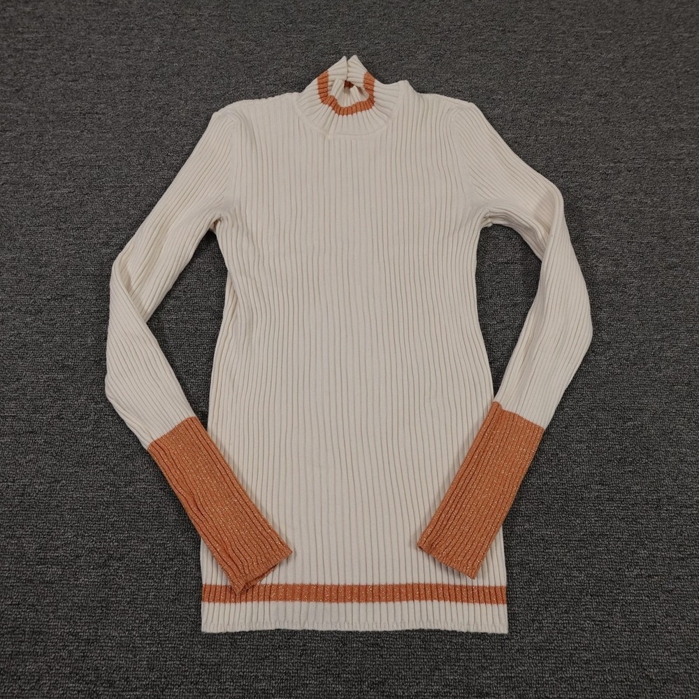 Nine West Sweater‎ Womens Medium White Striped Mock Neck Glitter Pullover Knit
